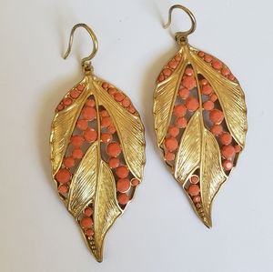 Matte Gold & Coral Pave Leaf Earrings